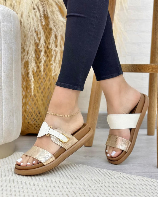 Canoas Greta En Cuero Dorado - Talco — canoas en cuero genuino para mujer animal print — YF Shoes Bucaramanga