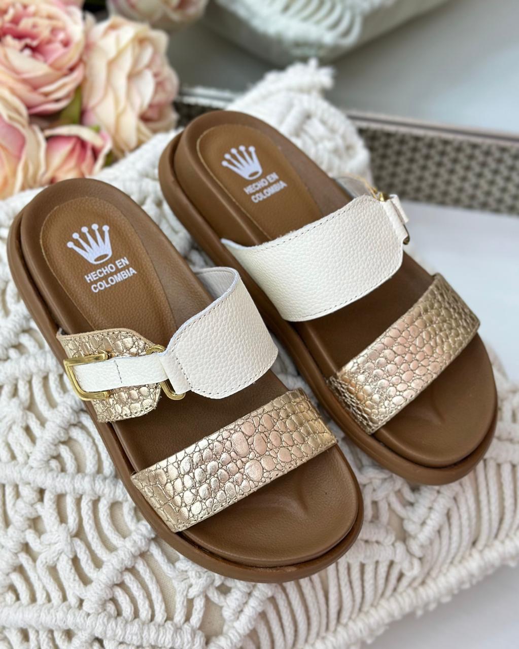 Look completo canoas greta en cuero talco-dorado folia talipe cuero dorado — YF Shoes Bucaramanga