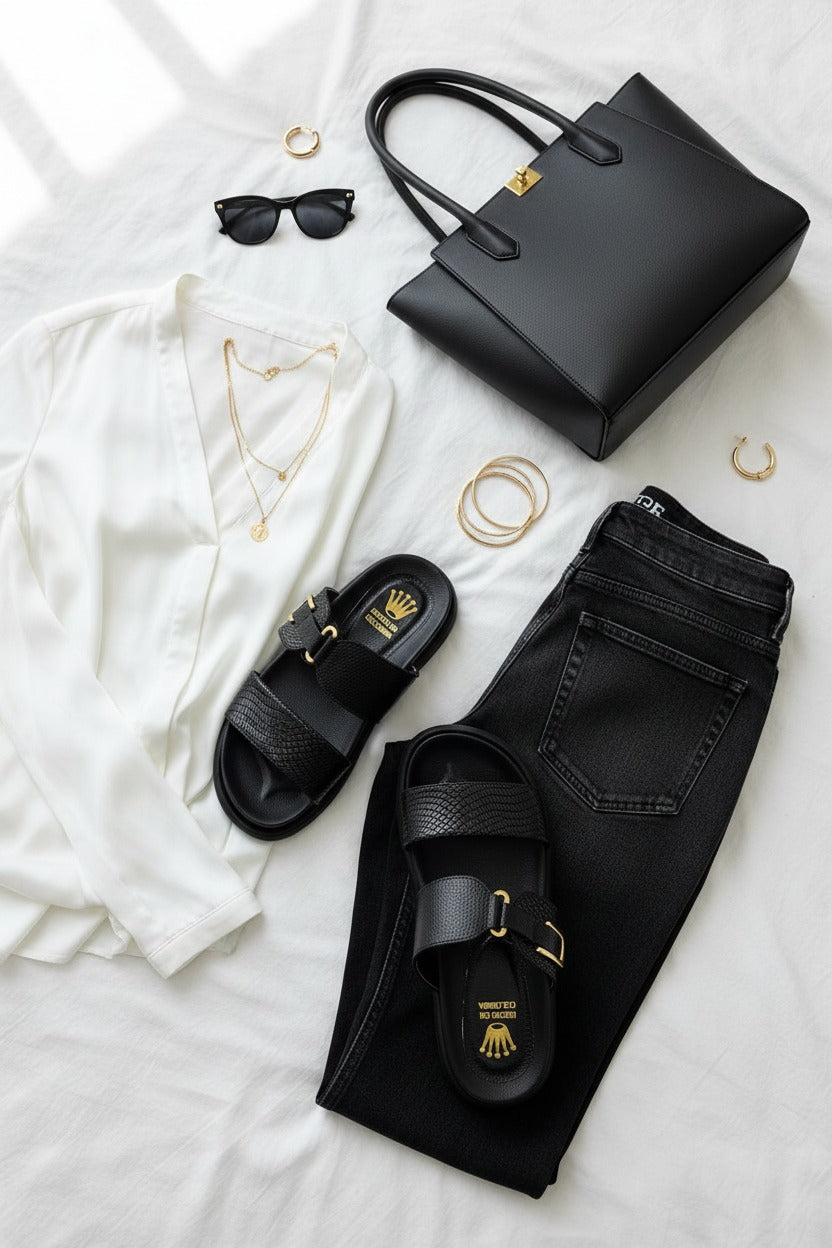 Par completo canoas greta en cuero color negro cuero negro — YF Shoes