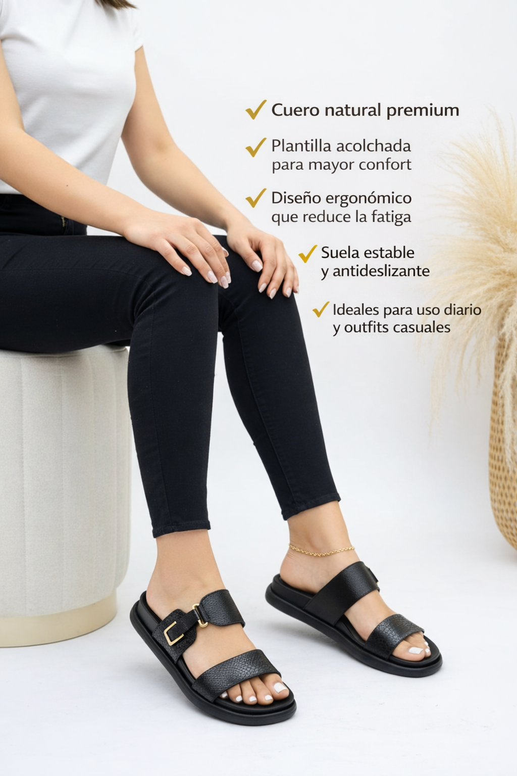 Plano detalle canoas greta en cuero color negro cuero natural negro — fabricante directo