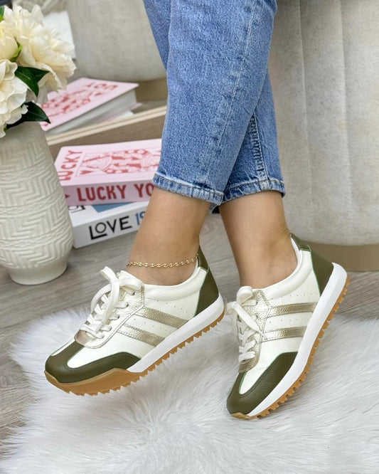 Tenis Kinsley Talco Con Oliva Y Dorado En Cuero — tenis en cuero genuino para mujer — YF Shoes Colombia