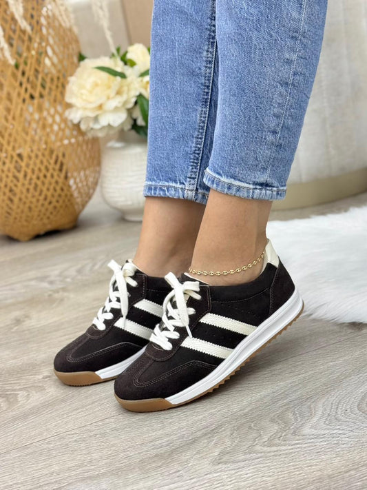 Tenis Mila Carnaza Cafe Con Talco Para Mujer — tenis en cuero genuino para mujer — YF Shoes Colombia