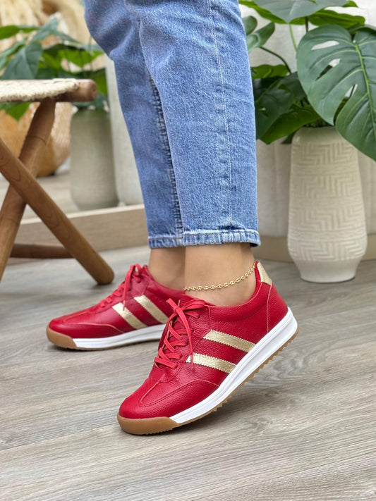 Tenis Mila Rojo Con Dorado En Cuero Para Mujer — tenis en cuero genuino para mujer — YF Shoes Colombia