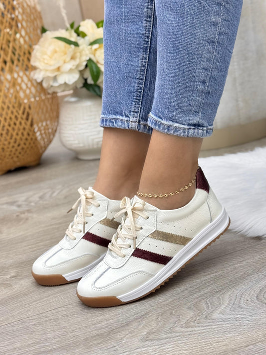 Tenis Mila Talco Con Vino Y Dorado Para Mujer — tenis en cuero genuino para mujer — YF Shoes Colombia