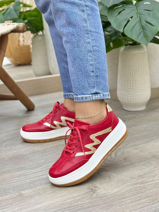 Tenis Saona Rojo-Dorado En Cuero — tenis en cuero genuino para mujer rojo — YF Shoes Bucaramanga