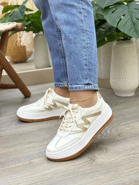 Tenis Saona Talco Con Dorado En Cuero — tenis en cuero genuino para mujer talco — YF Shoes Bucaramanga